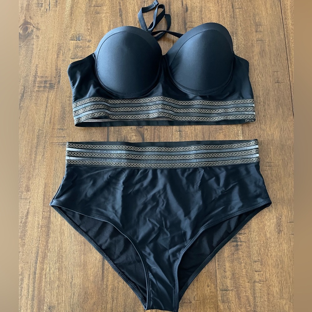 NWOT SHEIN Swim BohoFeel Black/Gold Halter Two Pieces Swimsuit Set - 2XL